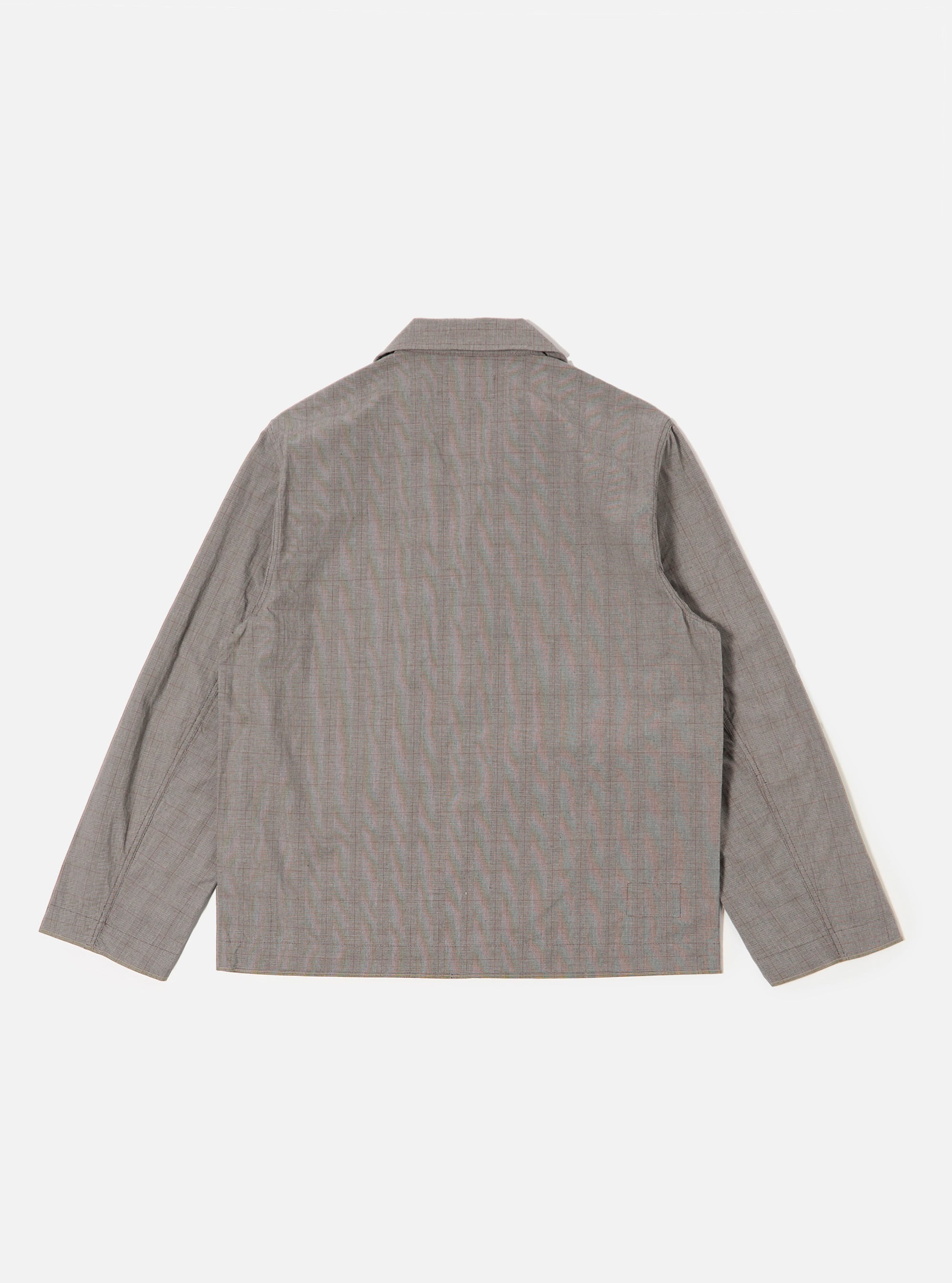 The Grey Brown Wales Glen Check Franck Jacket is shown from the back as a flat lay against a plain white background. The image highlights the jacket's structured rear panel, a straight hem, and the detailed glen check pattern in grey and brown tones.