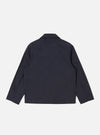 The Navy Peached Poplin Franck Jacket is shown from the back as a flat lay against a plain white background. The image highlights the clean construction of the garment's rear panel, the straight hem, and the smooth texture of the navy blue peached poplin fabric.
