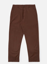 The Brown Peached Poplin Military Chino is shown as a flat lay against a plain white background. The trousers feature a straight-leg silhouette, a button fly, and traditional chino styling with two front slant pockets. The brown cotton fabric has a soft, peached finish.