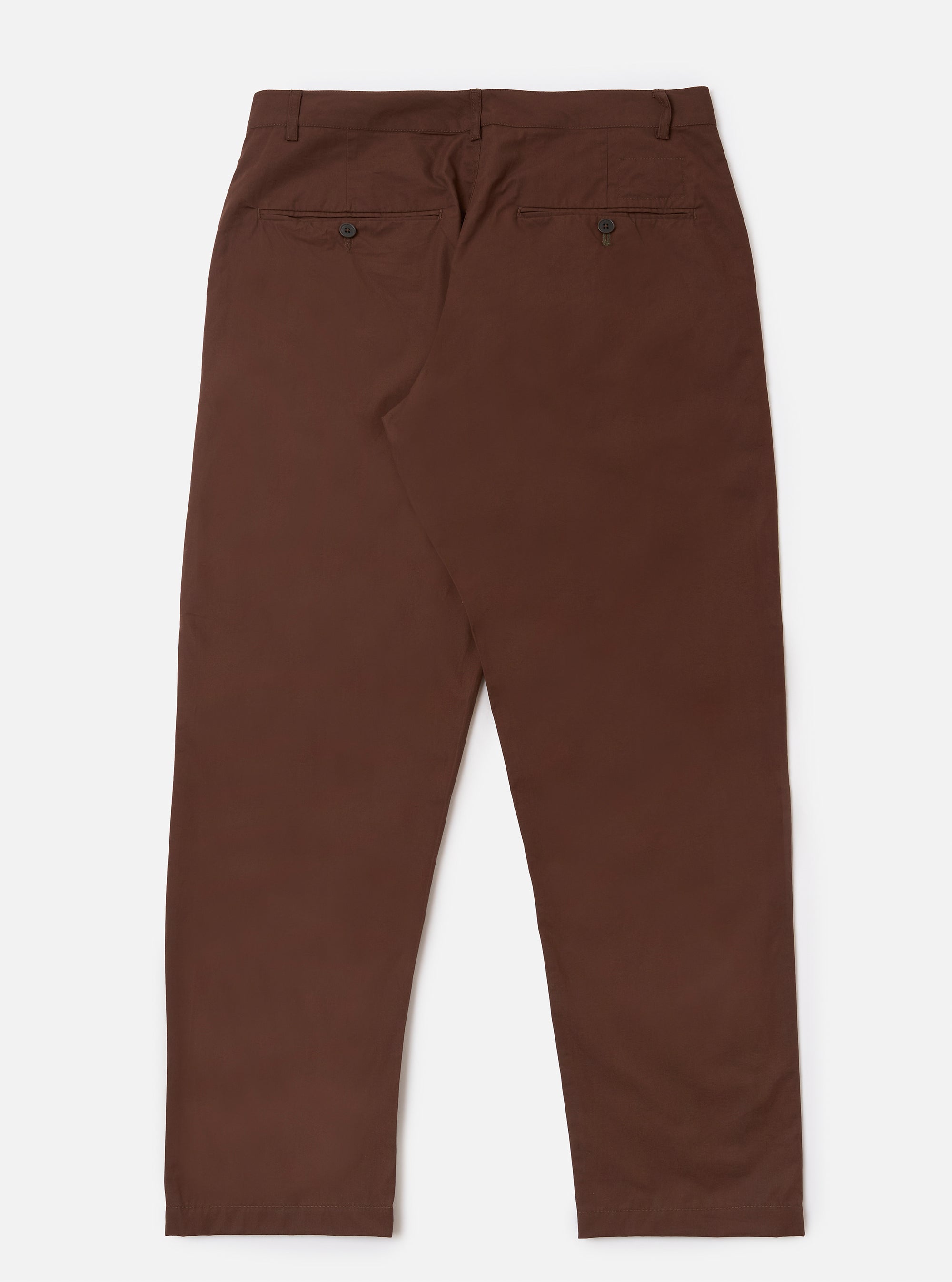 The Brown Peached Poplin Military Chino is shown from the rear as a flat lay against a plain white background. The image highlights the back of the trousers, featuring two rear jetted buttoned pockets and a straight-cut leg. The brown peached poplin fabric has a smooth, soft-touch appearance.