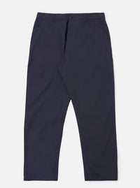 The Navy Peached Poplin Military Chino is shown as a flat lay against a plain white background. The trousers feature a mid-rise waistband with belt loops, two side pockets, and a tapered leg. The fabric is a solid navy blue cotton with a smooth, peached texture.