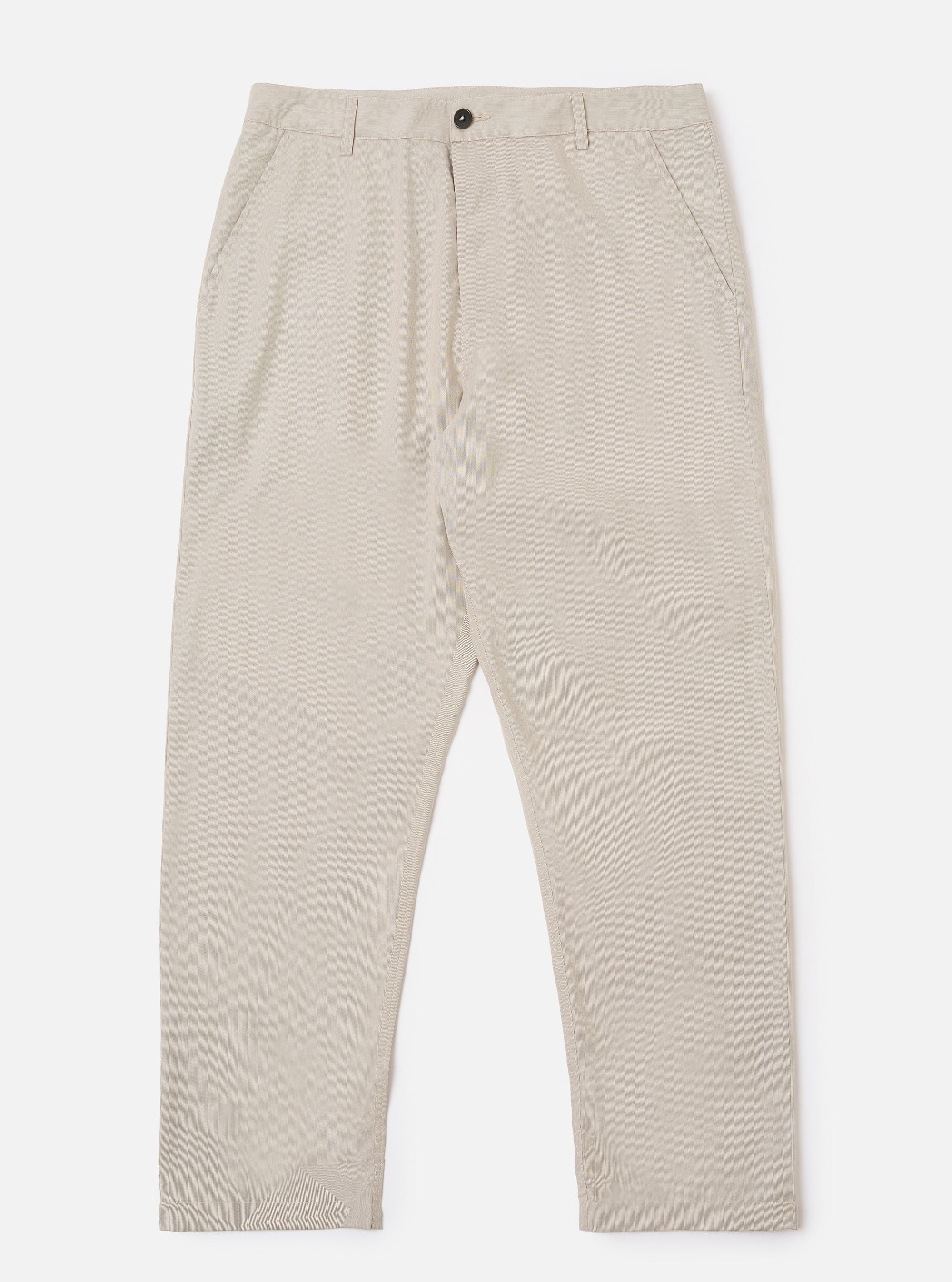 The Brown Kennedy Stripe Military Chino is presented as a flat lay against a plain white background. The trousers feature a vertical striped pattern in shades of brown and tan, with a button fly, belt loops, and two front slant pockets visible. The garment has a straight-leg cut and a clean, structured appearance.