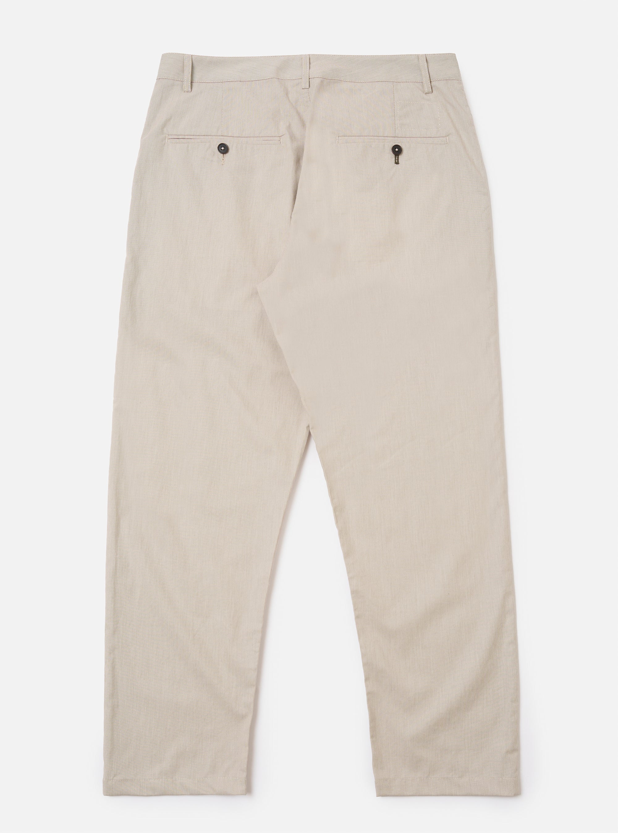 The Brown Kennedy Stripe Military Chino is shown from the back as a flat lay against a plain white background. The image highlights the two rear welt pockets, the straight leg cut, and the vertical pinstripe pattern on the brown cotton fabric.