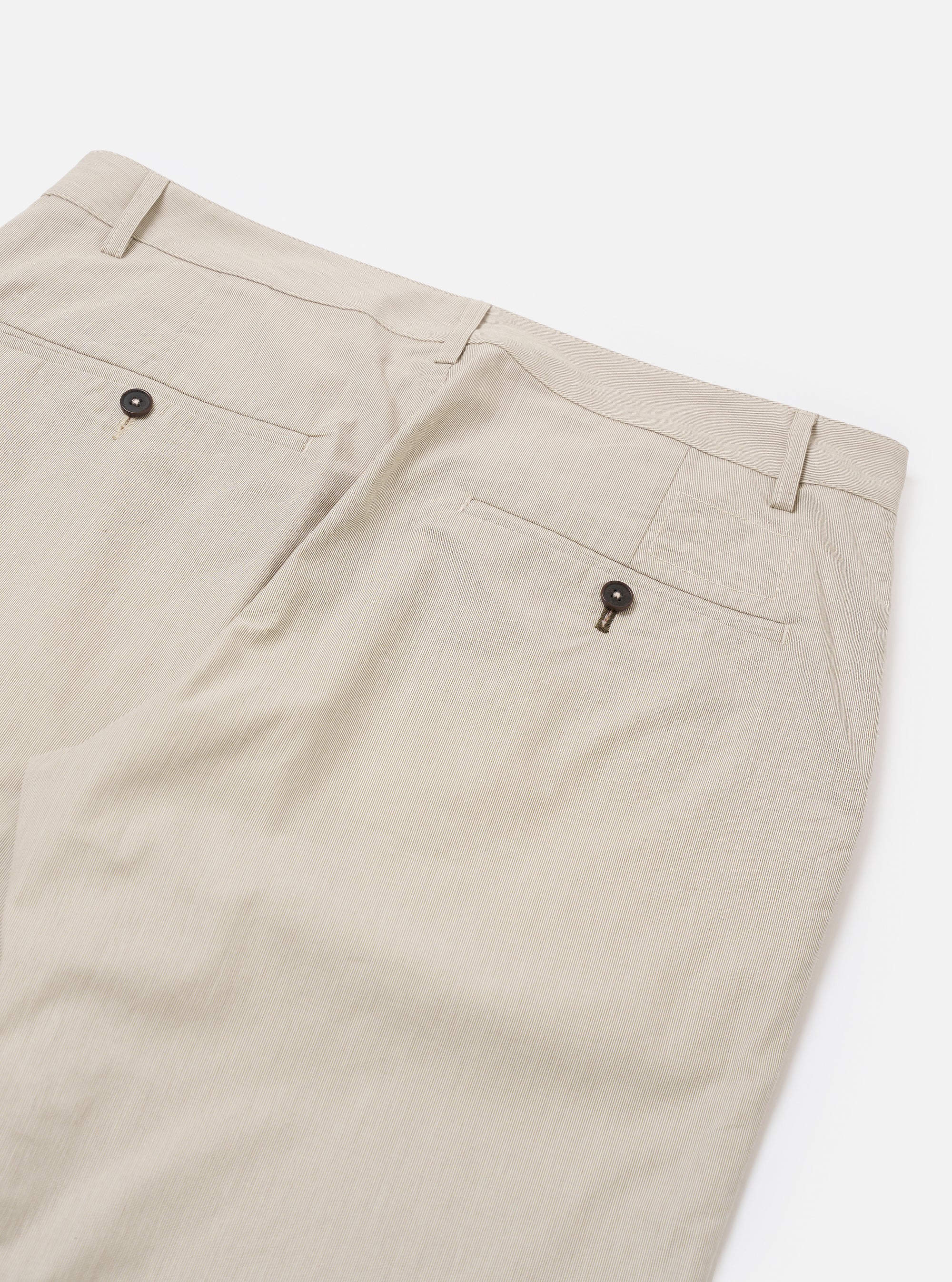 The Brown Kennedy Stripe Military Chino is shown from a rear angle as a flat lay against a plain white background. The image highlights the two back patch pockets, the straight leg cut, and the vertical stripe pattern of the fabric.