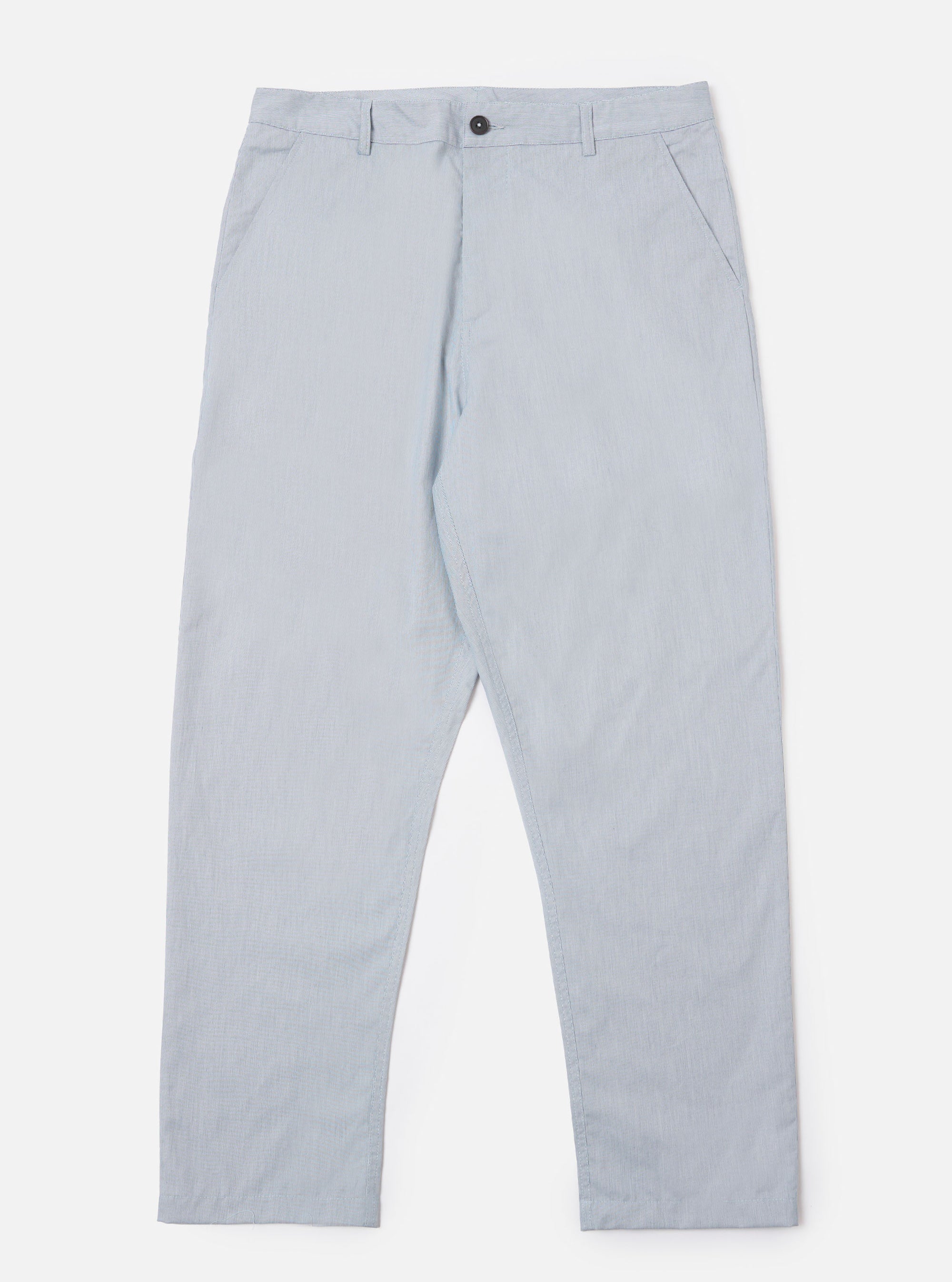 The Navy Kennedy Stripe Military Chino is presented as a flat lay against a plain white background. The trousers feature a classic straight-leg cut with a visible navy and white vertical stripe pattern. Prominent details include a button waist closure, belt loops, and side slip pockets.