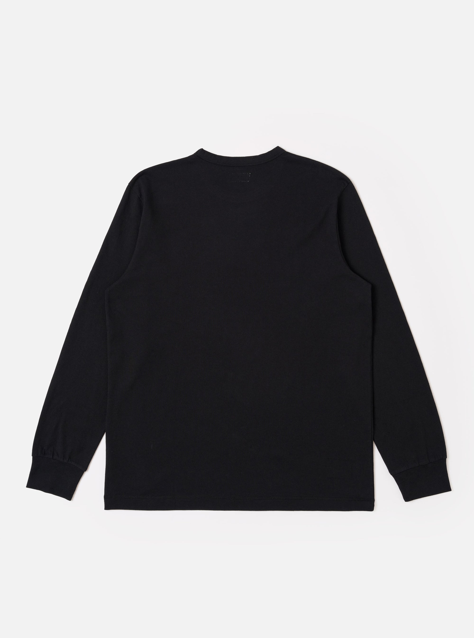 The Black Recycled/Bio Jersey Henry L/S Tee is shown from the back as a flat lay against a plain white background. The image highlights the clean, simple construction of the garment's rear, the long sleeves, and the smooth texture of the black jersey fabric.