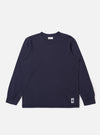 The Navy Recycled/Bio Jersey Henry L/S Tee is shown as a flat lay against a white background. The garment features long sleeves, a crew neckline with a partial button placket, and a straight hem. The navy blue jersey fabric has a smooth, uniform appearance.