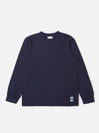 The Navy Recycled/Bio Jersey Henry L/S Tee is shown as a flat lay against a white background. The garment features long sleeves, a crew neckline with a partial button placket, and a straight hem. The navy blue jersey fabric has a smooth, uniform appearance.