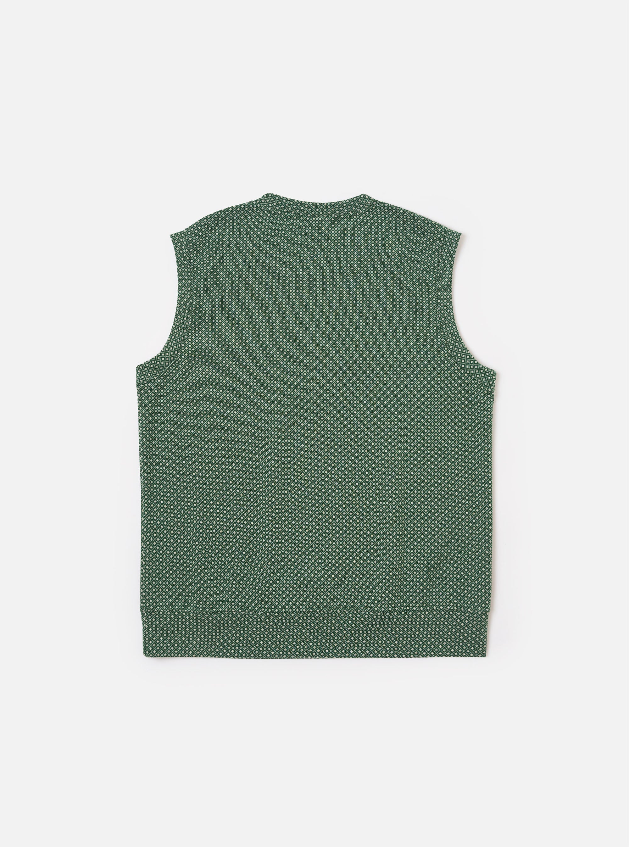 The Green Argyll Jersey Sleeveless Crew is shown from the back as a flat lay against a plain white background. The image highlights the all-over green and dark-toned argyll diamond pattern and the simple sleeveless construction with a straight hem.