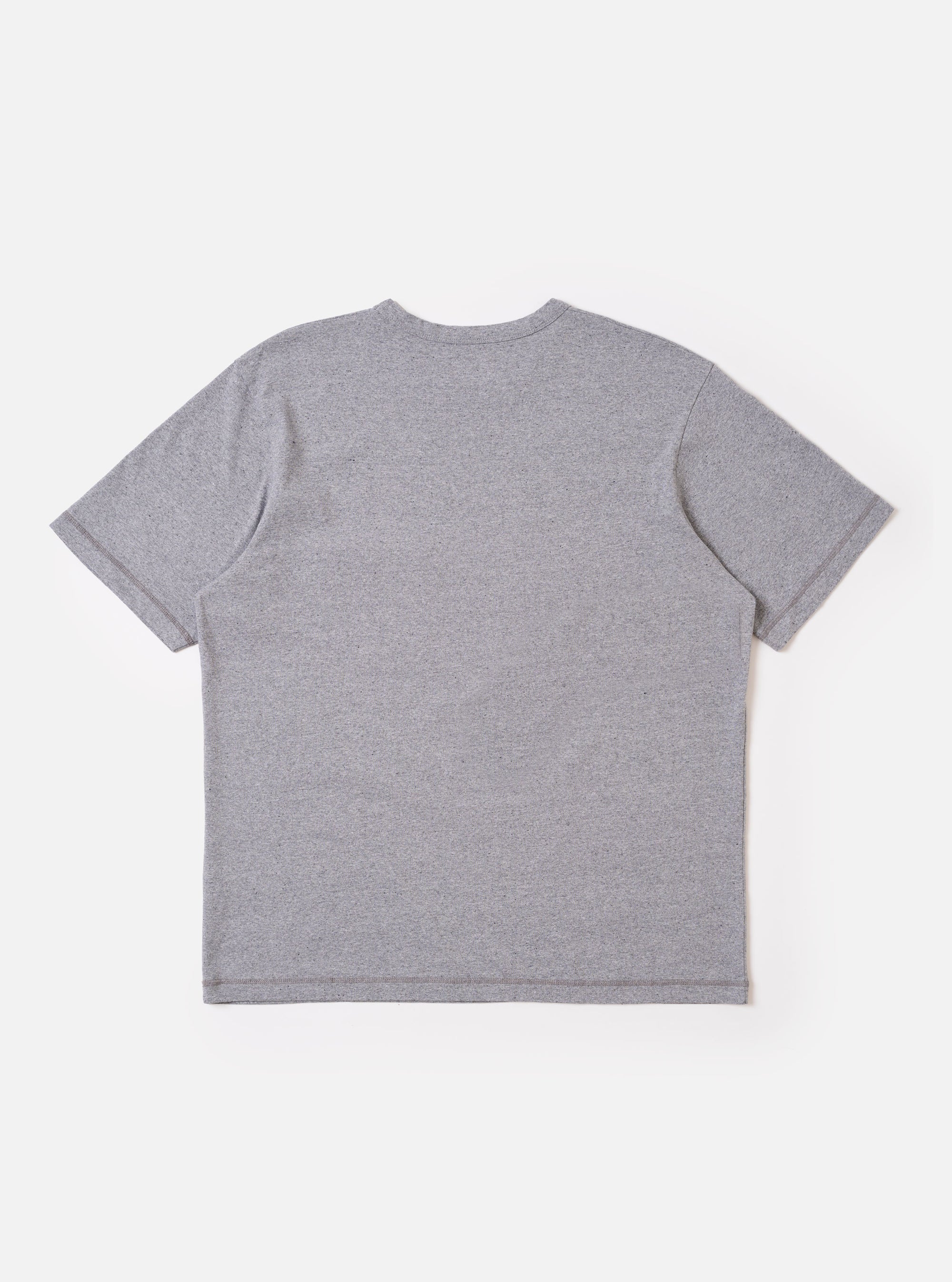 The Grey Marl Recycled/Bio Jersey Core Pocket Tee is shown from the back as a flat lay against a plain white background. The image highlights the clean, simple construction of the garment's rear, featuring a classic crew neck and short sleeves in a textured grey marl jersey fabric.