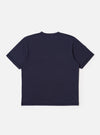 The Navy Recycled/Bio Jersey Core Pocket Tee is shown from the back as a flat lay against a plain white background. The image highlights the shirt's clean construction, straight hem, and the soft texture of the dark navy jersey fabric. A small, subtle brand label is visible at the bottom hem.