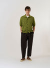 The Olive Cotton Lace Knit Jonny Knit Shirt is displayed as a flat lay against a plain white background. The shirt features an open Jonny collar and a textured, perforated lace knit construction in a solid olive green color.