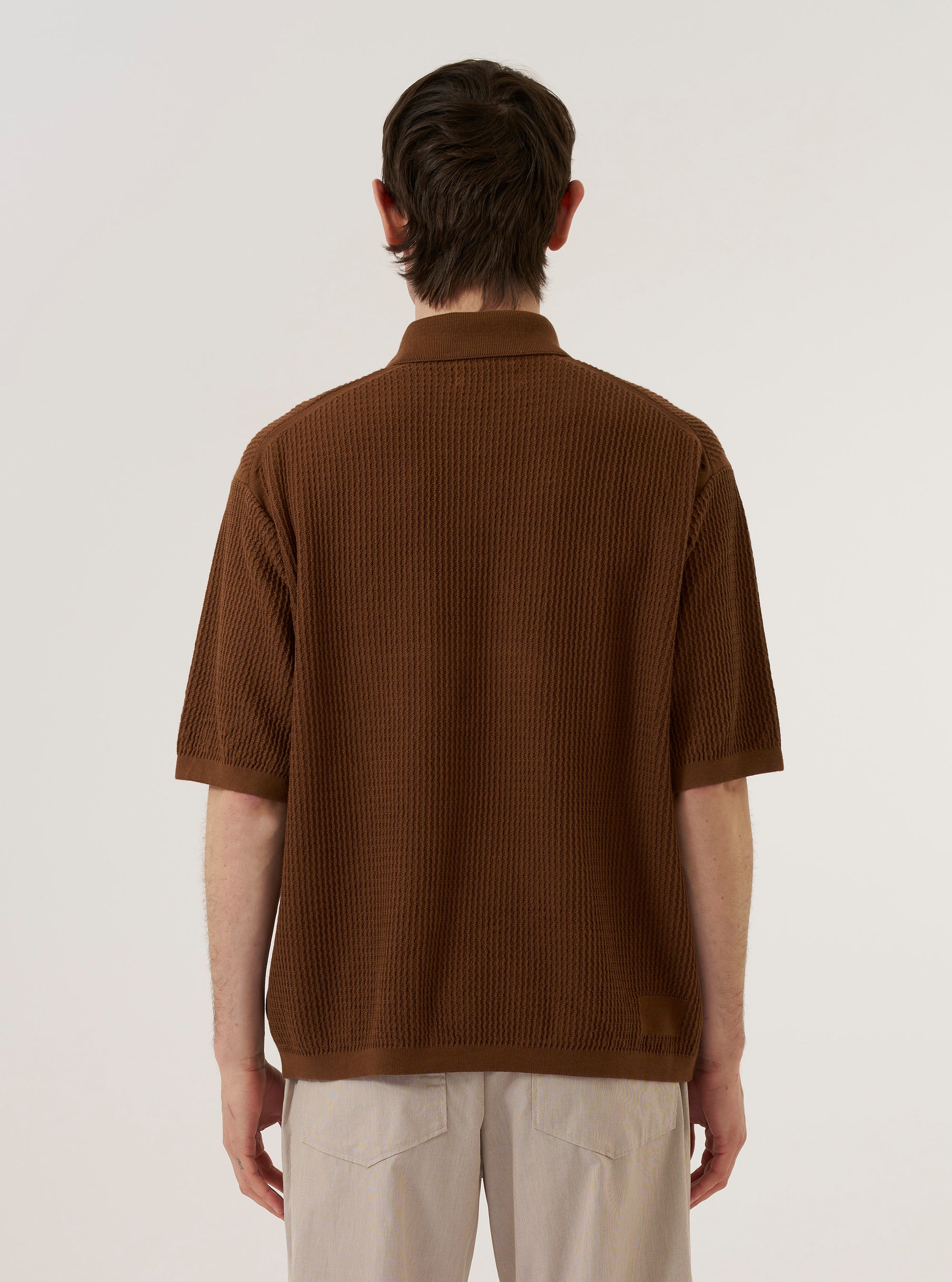 A model wears the Brown Fine Texture Tricot S/S Knit Polo against a plain white background. The image, captured from the chest up, highlights the polo's three-button placket, classic collar, and the intricate textured tricot knit of the brown cotton fabric. The model is wearing the polo buttoned up, showcasing its refined, structured fit. No mannequin is present in the image.