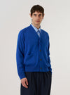 A model wears the Blue Woolcot Bio Loose Cardigan II over a light-colored shirt, standing against a plain, neutral background. The cardigan features a V-neckline, a central button-down front, and a loose, relaxed fit. The knit fabric is a solid blue color with a soft, uniform texture.