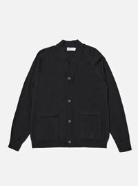 The Black Woolcot Bio Loose Cardigan II is shown as a flat lay against a plain white background. The cardigan features a V-neckline, a wide front button placket, and two patch pockets at the waist. The garment is constructed from a fine-gauge black knit and includes ribbed detailing on the cuffs and hem.