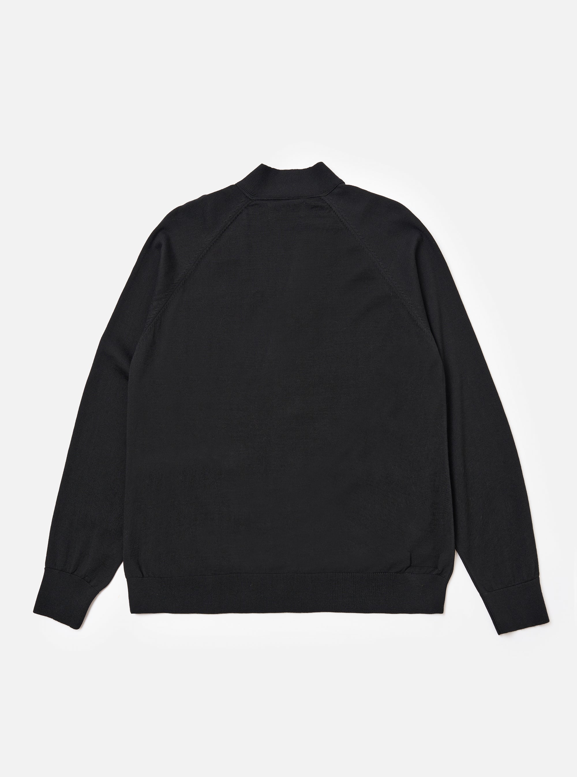 The Black Woolcot Bio Loose Cardigan II is shown from the back as a flat lay against a plain white background. The cardigan features a clean, simple rear design with long sleeves, ribbed cuffs, and a ribbed straight hem. The black knit fabric has a soft, textured appearance.