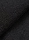 A close-up swatch image of the Black Woolcot Bio Loose Cardigan II fabric highlights the deep black color and the soft, fine-knit texture of the merino and organic cotton blend. The material fills the frame, providing a detailed view of the garment's knit construction.