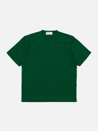 The Green Merino Fine Knit Knit Tee is shown as a flat lay against a white background. The short-sleeved t-shirt features a fine-gauge knit texture with a high crew neck and ribbed detailing at the neckline, cuffs, and hem.