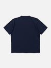 The Navy Merino Fine Knit Knit Tee is shown as a flat lay against a white background. The t-shirt features a fine-ribbed crew neckline, short sleeves, and a straight hem. The knit fabric has a subtle, smooth texture throughout.