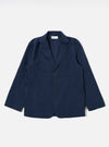 The Navy Derby Stripe Two Button Jacket is displayed as a flat lay against a white background. The jacket features notched lapels, a two-button front closure, and two large patch pockets at the waist. The fabric has a distinct navy and white vertical stripe pattern throughout.
