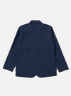 The Navy Derby Stripe Two Button Jacket is displayed as a flat lay from the back against a white background. The image highlights the vertical stripe pattern, the center back seam, and the clean finish of the hem and sleeves.
