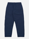 The Navy Derby Stripe Military Chino is presented as a flat lay against a plain white background. The trousers feature a straight-leg cut with a button fly, belt loops, and two slanted front pockets. The fabric is a navy blue cotton with a subtle, vertical derby stripe pattern.
