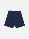 The Navy Derby Stripe Clean Short is shown as a flat lay against a plain white background. The shorts feature a vertical navy and white stripe pattern, an elasticated waistband with a drawstring, and side pockets.