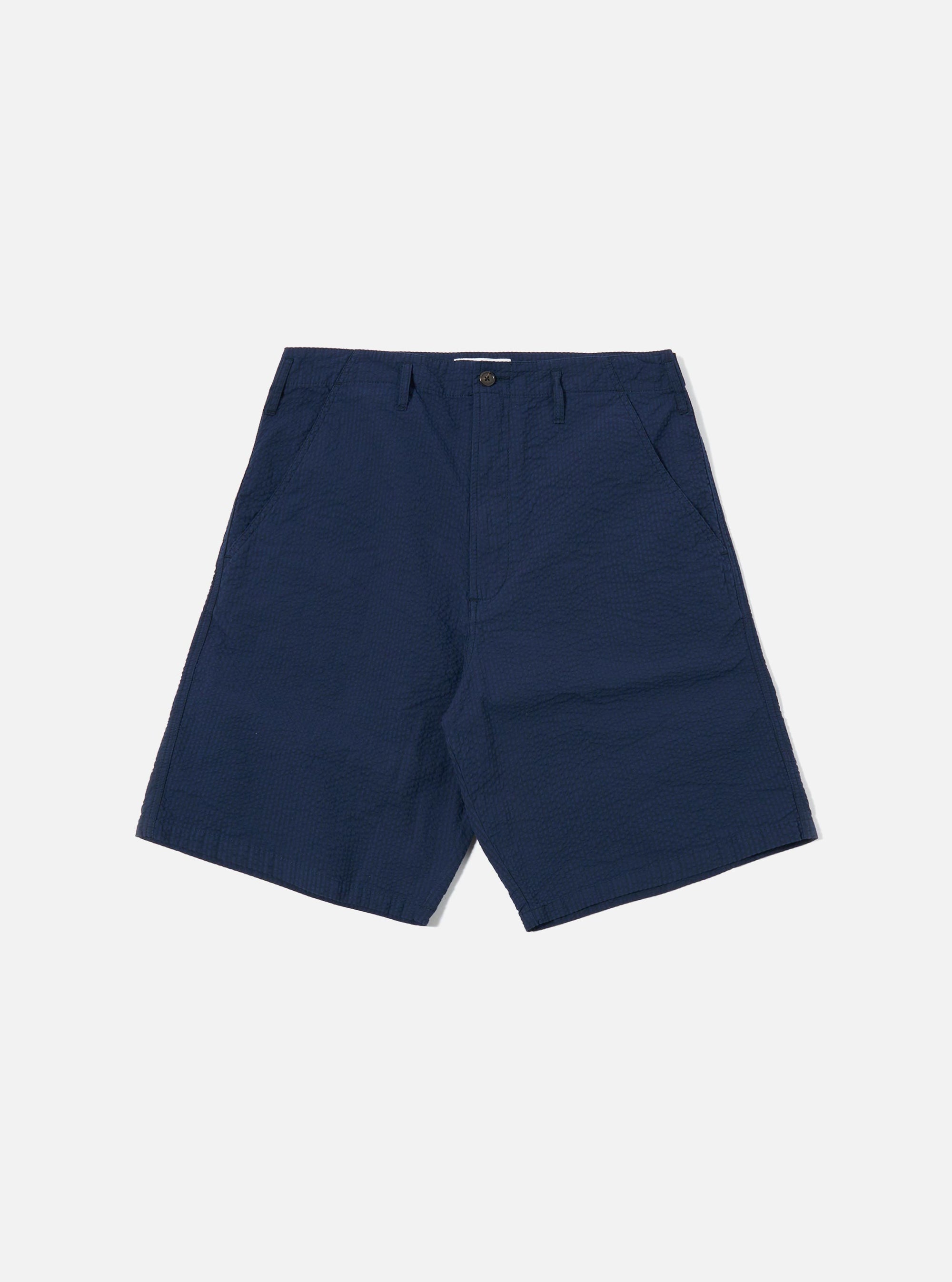 The Navy Derby Stripe Clean Short is shown as a flat lay against a plain white background. The shorts feature a vertical navy and white stripe pattern, an elasticated waistband with a drawstring, and side pockets.