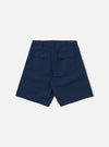 The Navy Derby Stripe Clean Short is shown from the back as a flat lay against a plain white background. The image highlights the clean construction of the rear, featuring a single patch pocket on the right side and an elasticated waistband with visible stitching. The cotton fabric has a pattern of thin, vertical navy blue and white stripes.