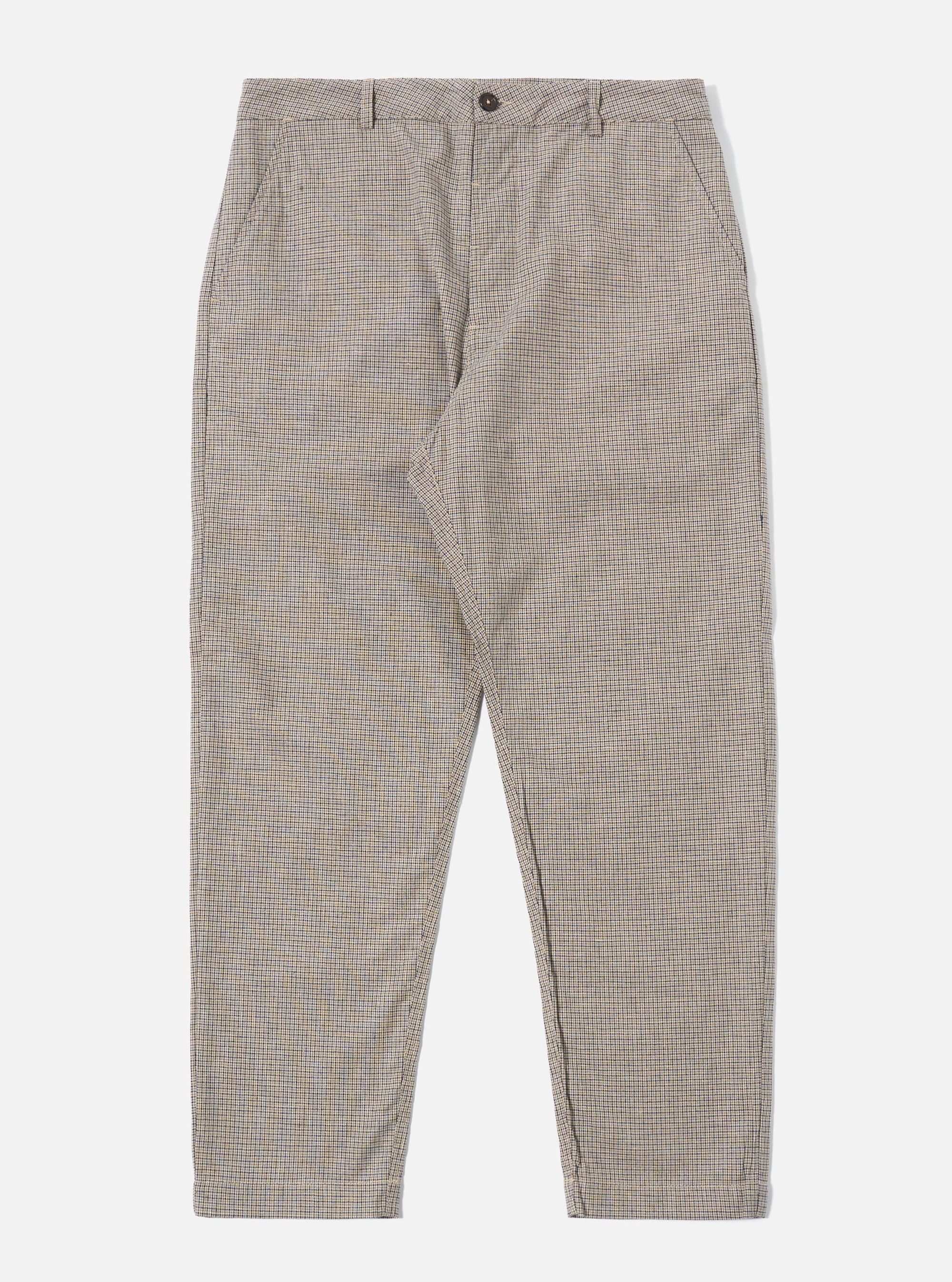 The Multi Lucas Cotton Mix Military Chino is presented as a flat lay against a plain white background. The trousers feature a multicolored check pattern in earthy tones, a mid-rise waist with belt loops, a button fly, and two slanted side pockets. The straight-leg silhouette and the textured cotton mix fabric are clearly visible.