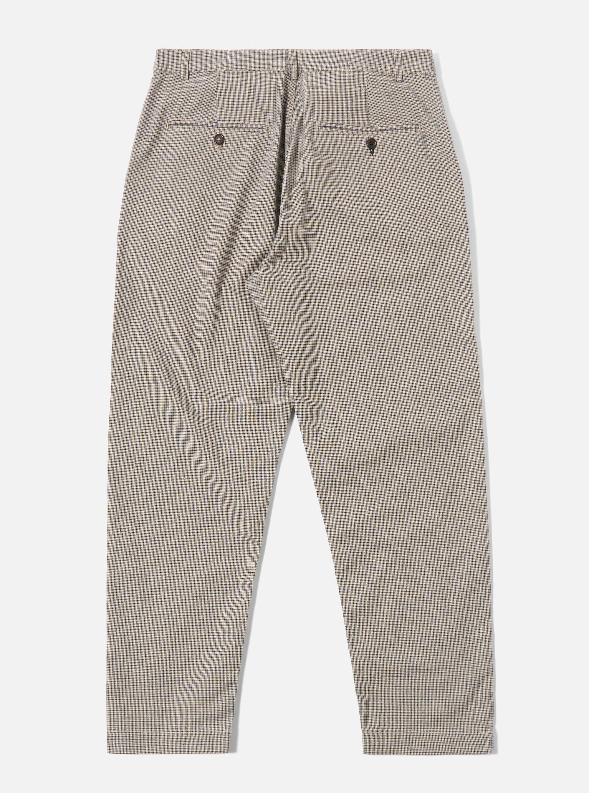 The Multi Lucas Cotton Mix Military Chino is shown from the back as a flat lay against a plain white background. The image highlights the two rear jetted buttoned pockets and the straight-cut design of the trousers. The multi-colored check pattern of the cotton-mix fabric is visible across the garment.