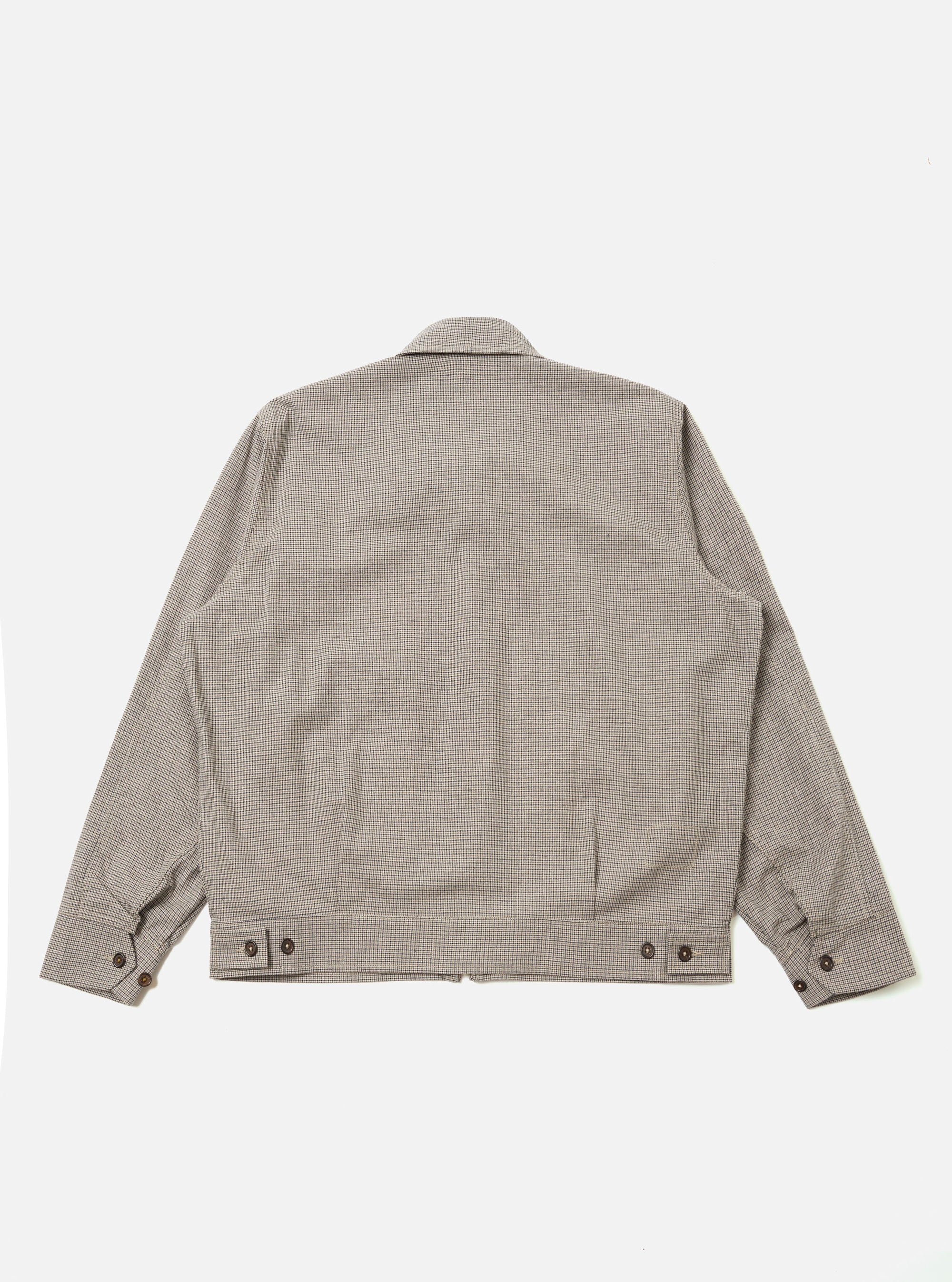 The Multi Lucas Cotton Mix E130 Jacket is shown from the back as a flat lay against a plain white background. The image highlights the multi-colored check pattern of the fabric and features the reinforced elbow patches and adjustable button tabs at the waist.