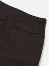 The Licorice Summer Canvas Clean Short is shown from the back as a flat lay against a plain white background. The image highlights the elasticated waistband and two large rear patch pockets. The cotton canvas fabric is a solid dark brown color.
