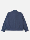 The Blue Sintra Recycled Cotton E130 Jacket is shown from the back as a flat lay against a plain white background. The image highlights the clean, simple construction of the jacket's rear panel, featuring a straight hem and a structured collar. The fabric is a solid blue recycled cotton blend with a smooth texture.