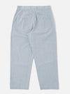 The Light Indigo Jean Cloth Reworked Duke Pant is shown from the back as a flat lay against a plain white background. The image highlights the two rear angled patch pockets, a fixed waistband, and the light indigo organic cotton fabric with a visible twill weave.
