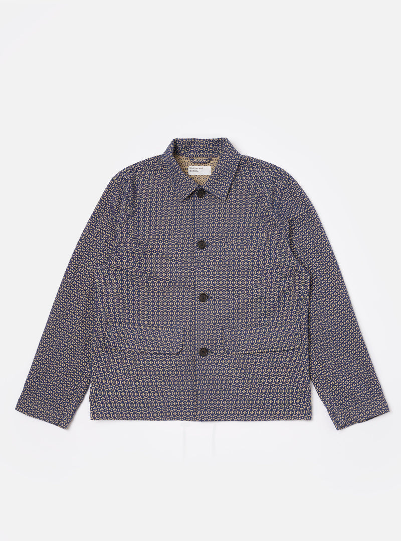 The Navy Konos Cotton Warmus Jacket is shown as a flat lay against a plain white background. The jacket features a four-button front closure, a simple jacket collar, and three front pockets including one angled chest welt pocket and two lower pockets with flaps. The navy blue fabric is a lightweight cotton twill with a hint of stretch.