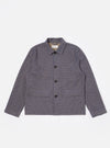 The Navy Konos Cotton Warmus Jacket is shown as a flat lay against a plain white background. The jacket features a four-button front closure, a simple jacket collar, and three front pockets including one angled chest welt pocket and two lower pockets with flaps. The navy blue fabric is a lightweight cotton twill with a hint of stretch.