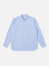 The Blue Mc Stripe Square Pocket Shirt is shown as a flat lay against a plain white background. The shirt features a blue and white pinstripe pattern, a full button-down front, a point collar, and a large, oversized square patch pocket on the left chest. The long sleeves are finished with button cuffs, and the garment has a curved hem.