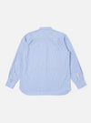 The Blue Mc Stripe Square Pocket Shirt is shown from the back as a flat lay against a plain white background. The shirt features a horizontal back yoke, long sleeves with adjustable button cuffs, and a curved hem. The blue cotton fabric is decorated with a vertical pinstripe pattern.