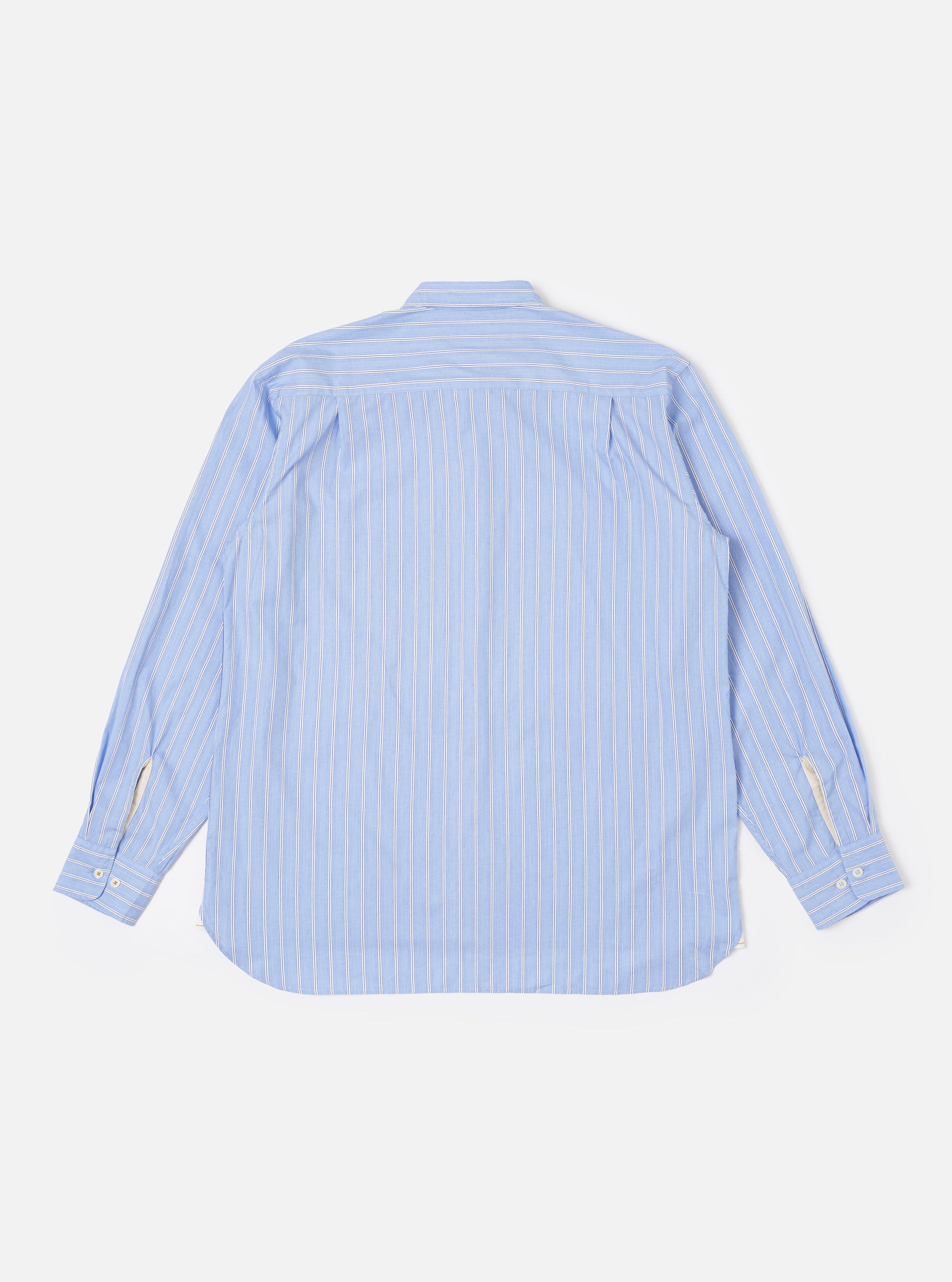 The Blue Mc Stripe Square Pocket Shirt is shown from the back as a flat lay against a plain white background. The shirt features a horizontal back yoke, long sleeves with adjustable button cuffs, and a curved hem. The blue cotton fabric is decorated with a vertical pinstripe pattern.