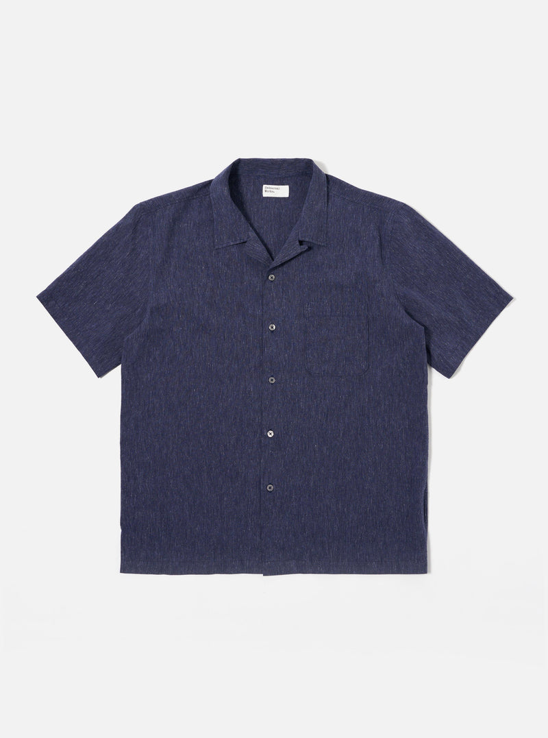 The Navy Sido Linen Mix Road Shirt is presented as a flat lay against a white background. The short-sleeved shirt features a one-piece camp collar with loop closure, a single chest patch pocket, and a button-down front.