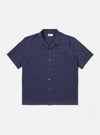The Navy Sido Linen Mix Road Shirt is presented as a flat lay against a white background. The short-sleeved shirt features a one-piece camp collar with loop closure, a single chest patch pocket, and a button-down front.