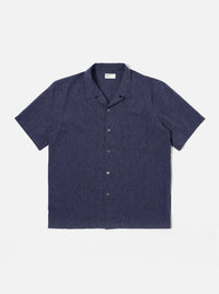The Navy Sido Linen Mix Road Shirt is presented as a flat lay against a white background. The short-sleeved shirt features a one-piece camp collar with loop closure, a single chest patch pocket, and a button-down front.