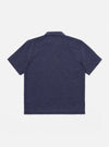 The Navy Sido Linen Mix Road Shirt is shown from the back as a flat lay against a white background. The image highlights the straight hem, short sleeves, and the texture of the navy linen-blend fabric.
