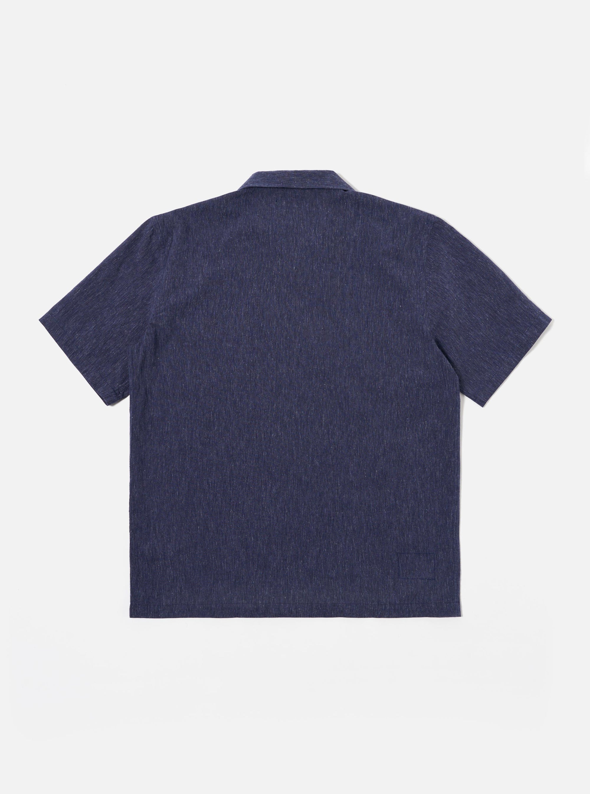 The Navy Sido Linen Mix Road Shirt is shown from the back as a flat lay against a white background. The image highlights the straight hem, short sleeves, and the texture of the navy linen-blend fabric.