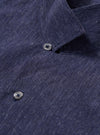 The Navy Sido Linen Mix Road Shirt is displayed from the back as a flat lay against a plain white background. The image highlights the straight hem, the back of the camp collar, and the textured weave of the navy cotton-linen fabric.