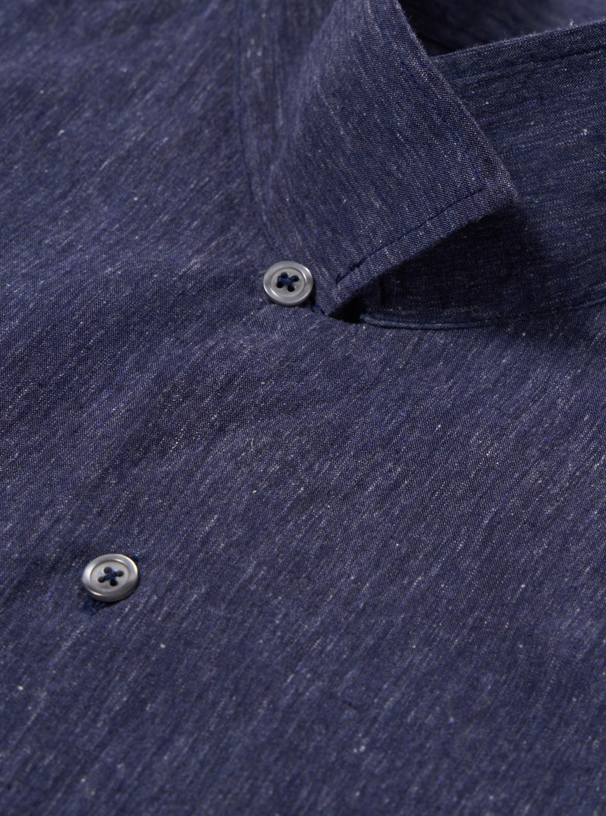The Navy Sido Linen Mix Road Shirt is displayed from the back as a flat lay against a plain white background. The image highlights the straight hem, the back of the camp collar, and the textured weave of the navy cotton-linen fabric.