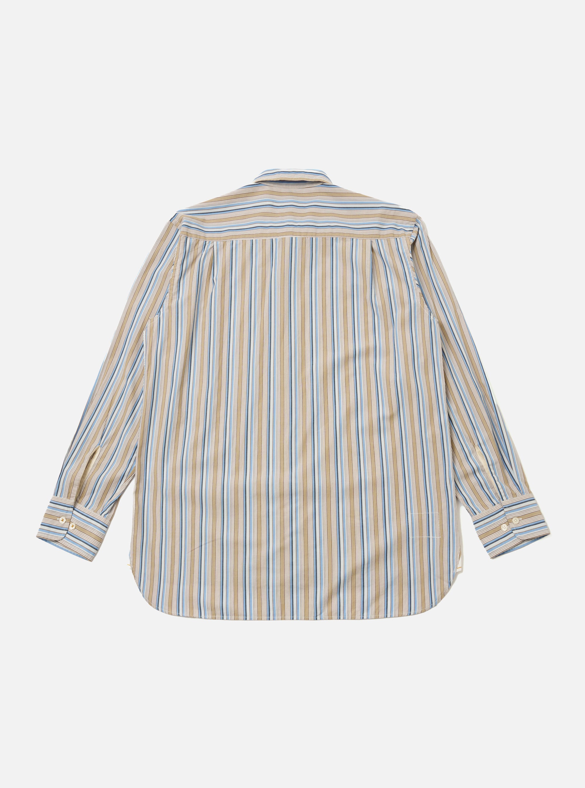 The Multi Pop Multi Stripe Square Pocket Shirt is shown from the back as a flat lay against a plain white background. The image highlights the shirt's back yoke and its vibrant multi-colored vertical stripe pattern. The garment features a straight hem and long sleeves.