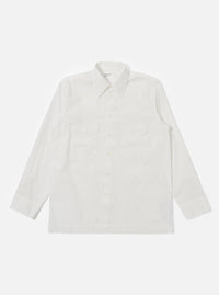 The Ecru Organic Fine Poplin CPO Shirt is shown as a flat lay against a plain white background. The shirt features a relaxed fit, a two-piece collar, a straight hem, and two large buttoned patch pockets on the chest. The organic cotton fabric is a solid ecru color with a smooth poplin weave.