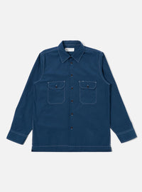 The Navy Organic Fine Poplin CPO Shirt is shown as a flat lay against a plain white background. The shirt features a loose fit, a two-piece collar, two buttoned chest pockets, and a straight hem. The dark navy organic cotton poplin fabric has a smooth, crisp finish.